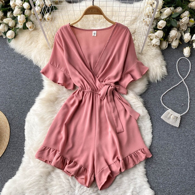 Women Rompers Flared Sleeve Solid Ruffle Wide Leg Short Jumpsuits-Casual Jumpsuits & Rompers-Arimonz-pink-Arimonz