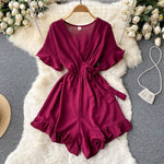 Women Rompers Flared Sleeve Solid Ruffle Wide Leg Short Jumpsuits-Casual Jumpsuits & Rompers-Arimonz-red-Arimonz