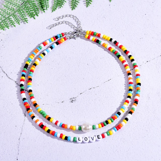 Women Seed Beads Love Necklace Sets Choker Multilayer Women Necklace-Necklaces-Arimonz-Arimonz