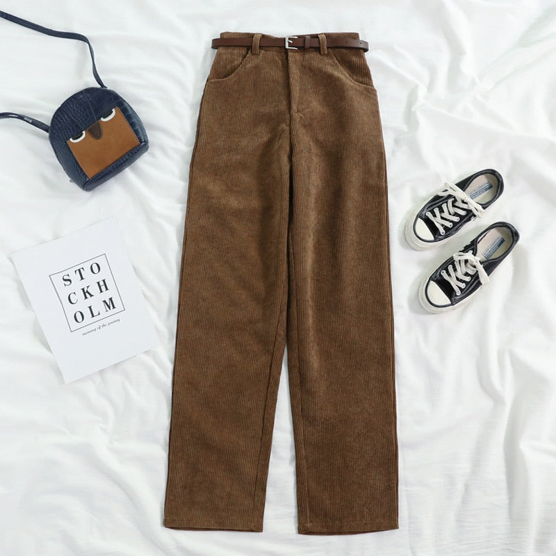 Women Spring Corduroy Pants High Waist Vintage Wide Leg Pants-Pants-Arimonz-Arimonz