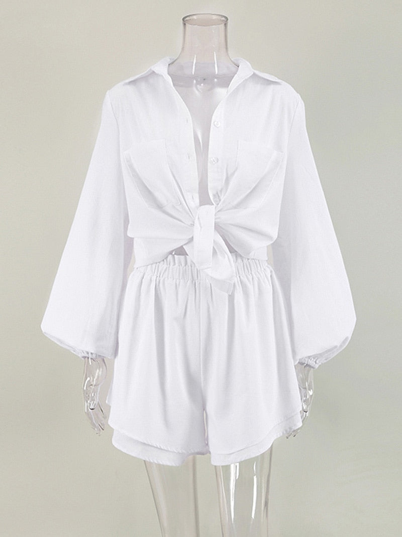 Women Spring Summer Bohemian Short Sets Solid White Loose Fit Outfits-Matching Sets-Arimonz-Arimonz
