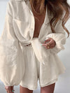 Women Spring Summer Bohemian Short Sets Solid White Loose Fit Outfits-Matching Sets-Arimonz-Beige-S-Arimonz