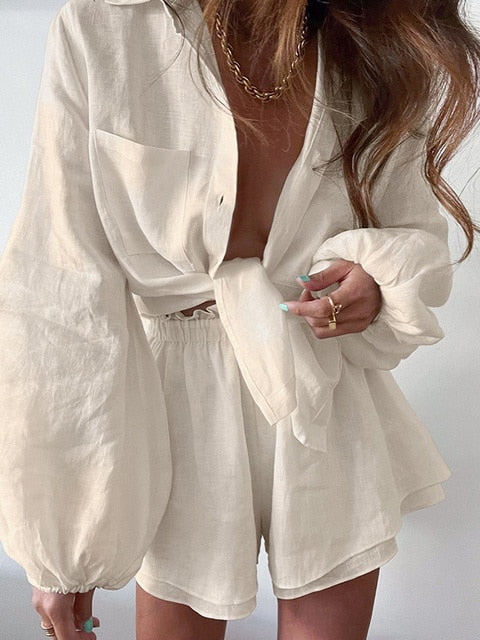 Women Spring Summer Bohemian Short Sets Solid White Loose Fit Outfits-Matching Sets-Arimonz-Beige-S-Arimonz