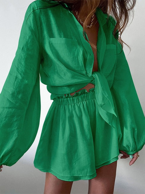 Women Spring Summer Bohemian Short Sets Solid White Loose Fit Outfits-Matching Sets-Arimonz-Green-S-Arimonz