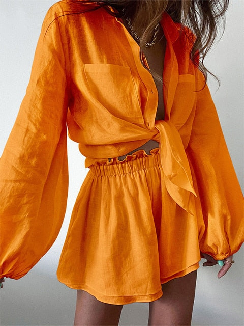 Women Spring Summer Bohemian Short Sets Solid White Loose Fit Outfits-Matching Sets-Arimonz-Orange-S-Arimonz
