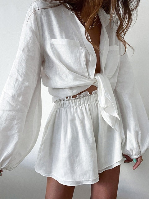 Women Spring Summer Bohemian Short Sets Solid White Loose Fit Outfits-Matching Sets-Arimonz-White-S-Arimonz
