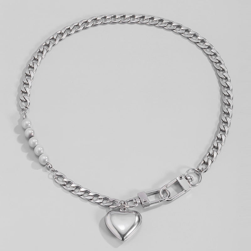 Women Stainless Steel Heart Pendant Necklace Lock Key Chain Necklace-Necklaces-Arimonz-Arimonz