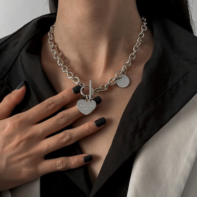 Women Stainless Steel Heart Pendant Necklace Lock Key Chain Necklace-Necklaces-Arimonz-Heart Silver-Arimonz
