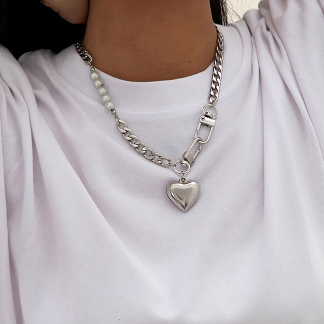 Women Stainless Steel Heart Pendant Necklace Lock Key Chain Necklace-Necklaces-Arimonz-Padlock Heart-Arimonz
