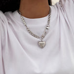 Women Stainless Steel Heart Pendant Necklace Lock Key Chain Necklace-Necklaces-Arimonz-Arimonz