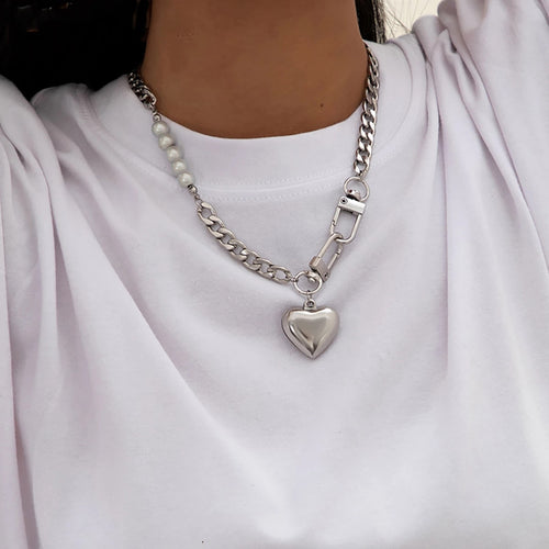 Women Stainless Steel Heart Pendant Necklace Lock Key Chain Necklace-Necklaces-Arimonz-Arimonz