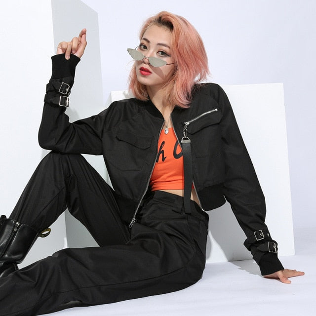 Women Suit Crop Tops Pants Two Piece Casual Sets Buckle Streetwear Set-Wear To Work Sets-Arimonz-black set-S-Arimonz