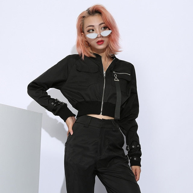Women Suit Crop Tops Pants Two Piece Casual Sets Buckle Streetwear Set-Wear To Work Sets-Arimonz-black top-S-Arimonz