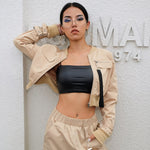 Women Suit Crop Tops Pants Two Piece Casual Sets Buckle Streetwear Set-Wear To Work Sets-Arimonz-khaki top-S-Arimonz