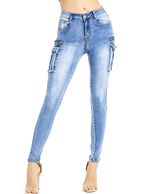 Women Summer Cargo Pants Female Zipper Pocket Stretch Slim Jeans-Skinny Jeans-Arimonz-Arimonz