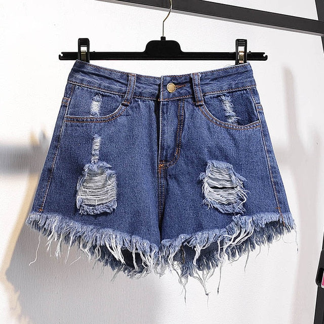 Women Summer Shorts Ripped Jeans High Waist Regular Denim Short-Denim Shorts-Arimonz-Hot Dark Blue-S-Arimonz