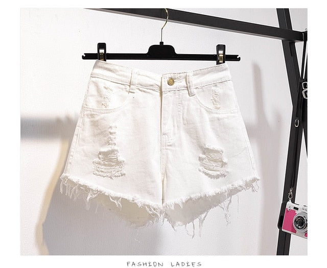 Women Summer Shorts Ripped Jeans High Waist Regular Denim Short-Denim Shorts-Arimonz-Popular White-S-Arimonz