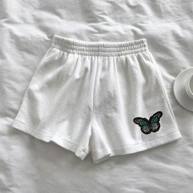 Women Summer Shorts Woman High Waist Wide Leg Cargo Women's Shorts-Shorts-Arimonz-White Green Butterfly-S-Arimonz