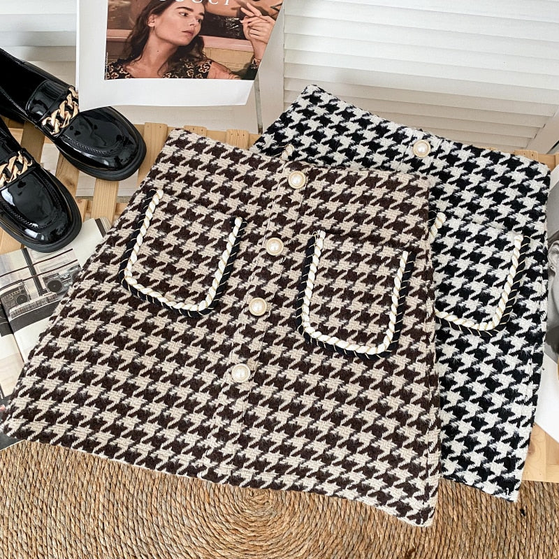 Women Tweed Skirts Solid High Waist Skirt Double Breasted Mini Skirt-Skirts-Arimonz-Arimonz