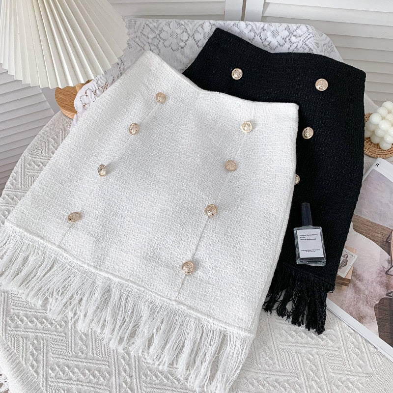 Women Tweed Skirts Solid High Waist Skirt Double Breasted Mini Skirt-Skirts-Arimonz-Arimonz