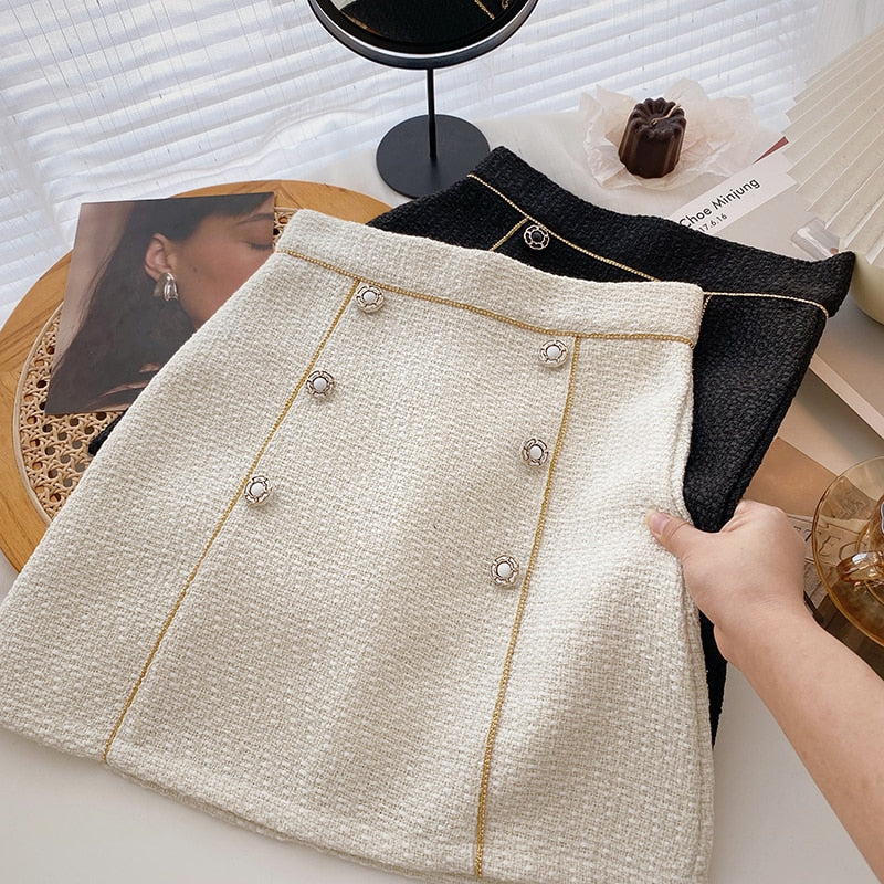 Women Tweed Skirts Solid High Waist Skirt Double Breasted Mini Skirt-Skirts-Arimonz-Arimonz