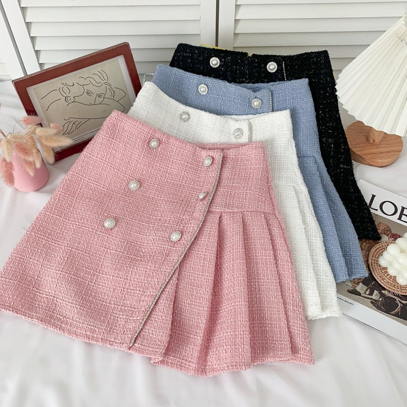 Women Tweed Skirts Solid High Waist Skirt Double Breasted Mini Skirt-Skirts-Arimonz-Arimonz