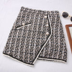 Women Tweed Skirts Solid High Waist Skirt Double Breasted Mini Skirt-Skirts-Arimonz-Beige Black-S-Arimonz