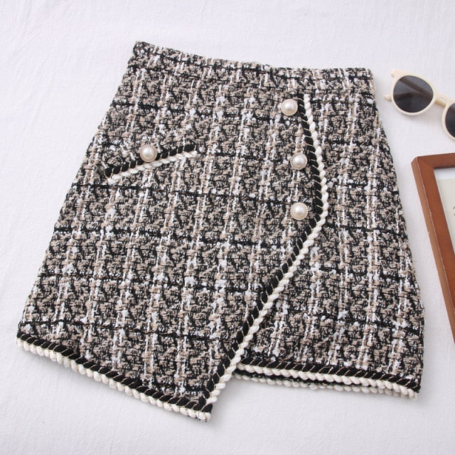 Women Tweed Skirts Solid High Waist Skirt Double Breasted Mini Skirt-Skirts-Arimonz-Beige Black-S-Arimonz