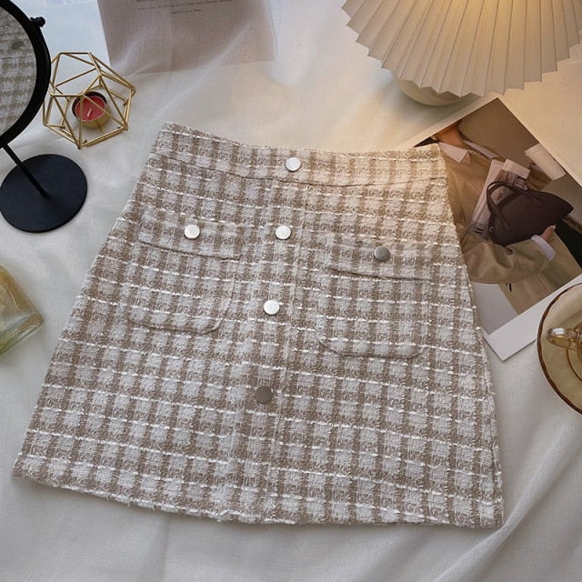 Women Tweed Skirts Solid High Waist Skirt Double Breasted Mini Skirt-Skirts-Arimonz-Beige Five Buttons-S-Arimonz