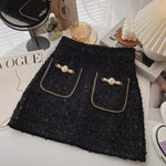 Women Tweed Skirts Solid High Waist Skirt Double Breasted Mini Skirt-Skirts-Arimonz-Black Double Pocket-S-Arimonz