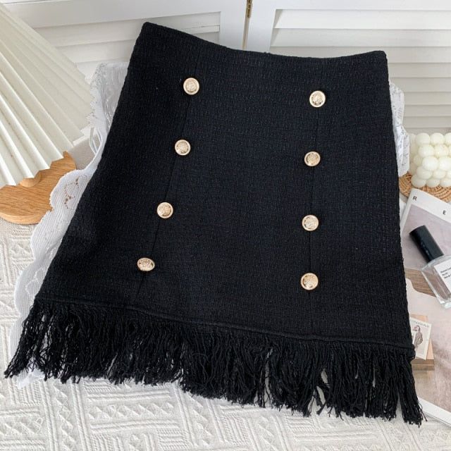 Women Tweed Skirts Solid High Waist Skirt Double Breasted Mini Skirt-Skirts-Arimonz-Black Eight Buttons-S-Arimonz