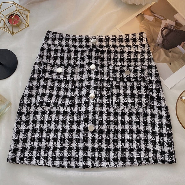 Women Tweed Skirts Solid High Waist Skirt Double Breasted Mini Skirt-Skirts-Arimonz-Black Five Buttons-S-Arimonz