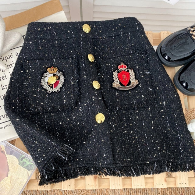Women Tweed Skirts Solid High Waist Skirt Double Breasted Mini Skirt-Skirts-Arimonz-Black Patch-S-Arimonz