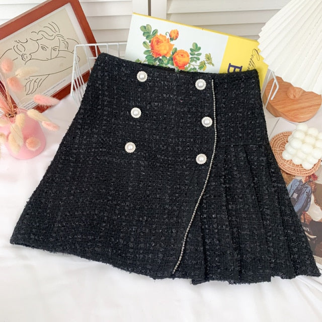 Women Tweed Skirts Solid High Waist Skirt Double Breasted Mini Skirt-Skirts-Arimonz-Black Six Button-S-Arimonz