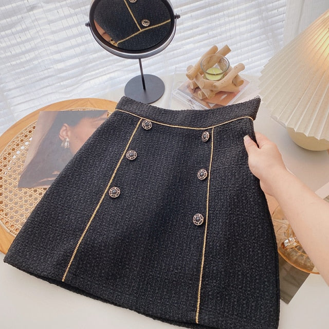 Women Tweed Skirts Solid High Waist Skirt Double Breasted Mini Skirt-Skirts-Arimonz-Black Six Buttons-S-Arimonz