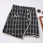 Women Tweed Skirts Solid High Waist Skirt Double Breasted Mini Skirt-Skirts-Arimonz-Black White-S-Arimonz