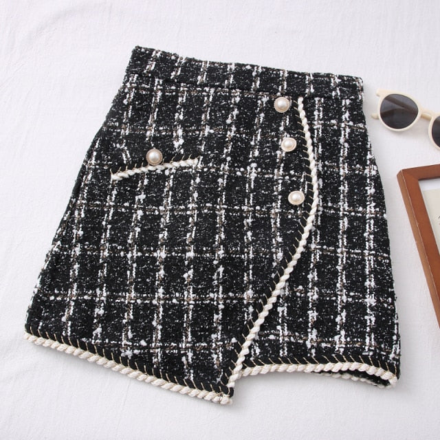 Women Tweed Skirts Solid High Waist Skirt Double Breasted Mini Skirt-Skirts-Arimonz-Black White-S-Arimonz