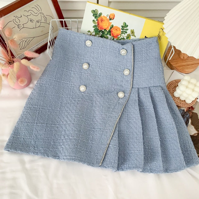 Women Tweed Skirts Solid High Waist Skirt Double Breasted Mini Skirt-Skirts-Arimonz-Blue Six Button-S-Arimonz