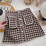Women Tweed Skirts Solid High Waist Skirt Double Breasted Mini Skirt-Skirts-Arimonz-Brown Four Button-S-Arimonz