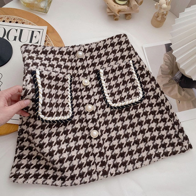 Women Tweed Skirts Solid High Waist Skirt Double Breasted Mini Skirt-Skirts-Arimonz-Brown Four Button-S-Arimonz
