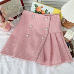 Women Tweed Skirts Solid High Waist Skirt Double Breasted Mini Skirt-Skirts-Arimonz-Pink Six Buttons-S-Arimonz