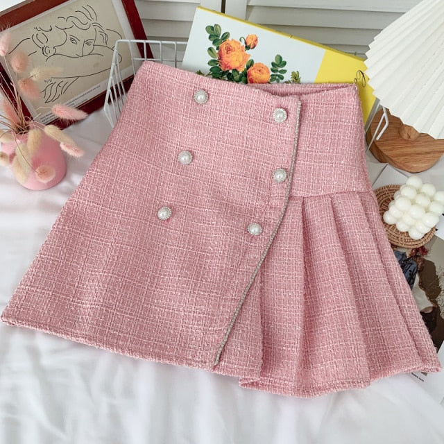 Women Tweed Skirts Solid High Waist Skirt Double Breasted Mini Skirt-Skirts-Arimonz-Pink Six Buttons-S-Arimonz