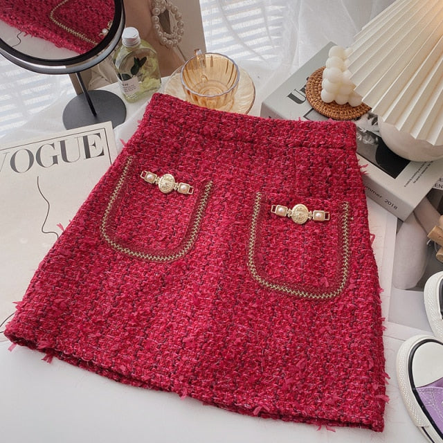 Women Tweed Skirts Solid High Waist Skirt Double Breasted Mini Skirt-Skirts-Arimonz-Red Double-S-Arimonz