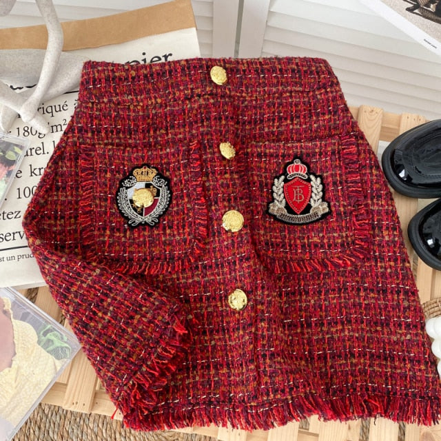 Women Tweed Skirts Solid High Waist Skirt Double Breasted Mini Skirt-Skirts-Arimonz-Red Patch-S-Arimonz