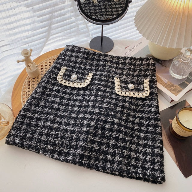 Women Tweed Skirts Solid High Waist Skirt Double Breasted Mini Skirt-Skirts-Arimonz-White Double Pocket-S-Arimonz