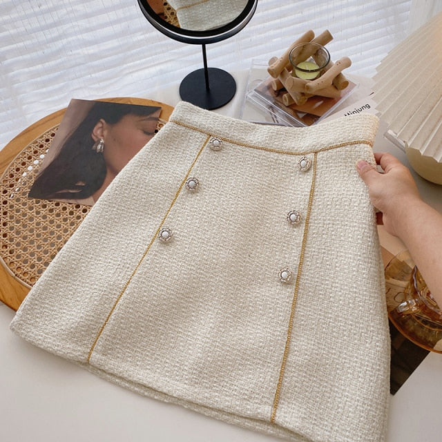 Women Tweed Skirts Solid High Waist Skirt Double Breasted Mini Skirt-Skirts-Arimonz-White Six Buttons-S-Arimonz