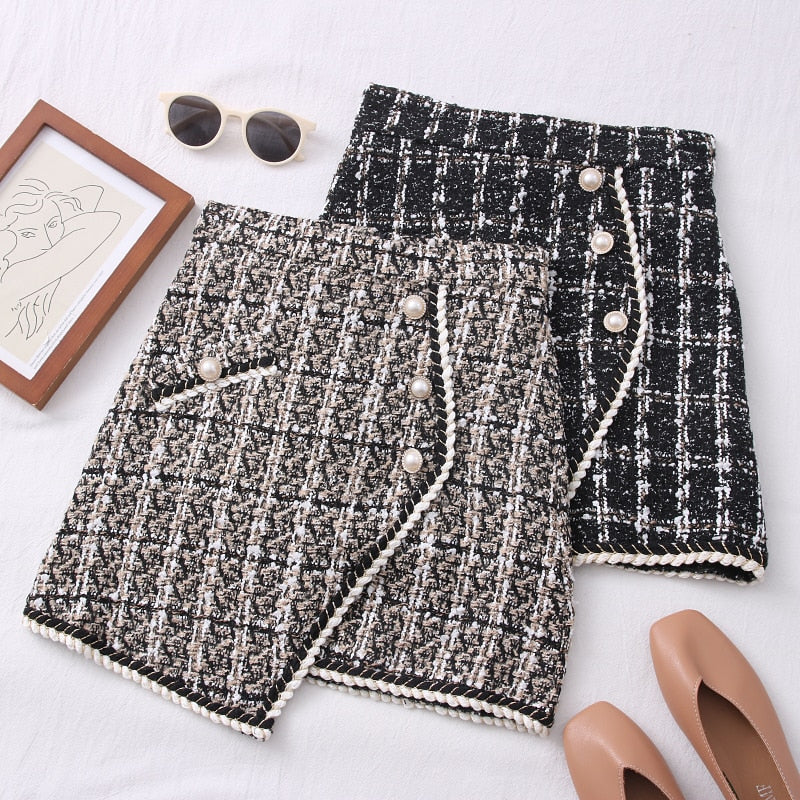 Women Tweed Skirts Solid High Waist Skirt Double Breasted Mini Skirt-Skirts-Arimonz-Arimonz