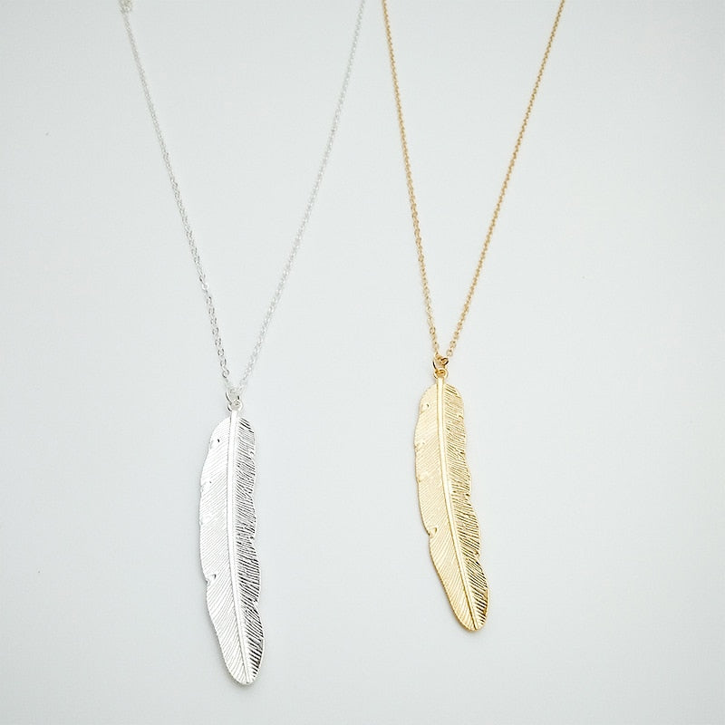 Women Vintage Long Necklace Jewelry Simple Feather Pendant Necklaces-Necklaces-Arimonz-Arimonz