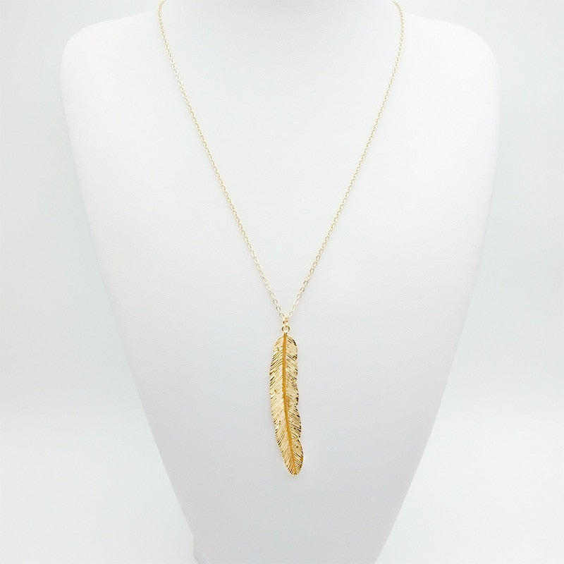 Women Vintage Long Necklace Jewelry Simple Feather Pendant Necklaces-Necklaces-Arimonz-Arimonz