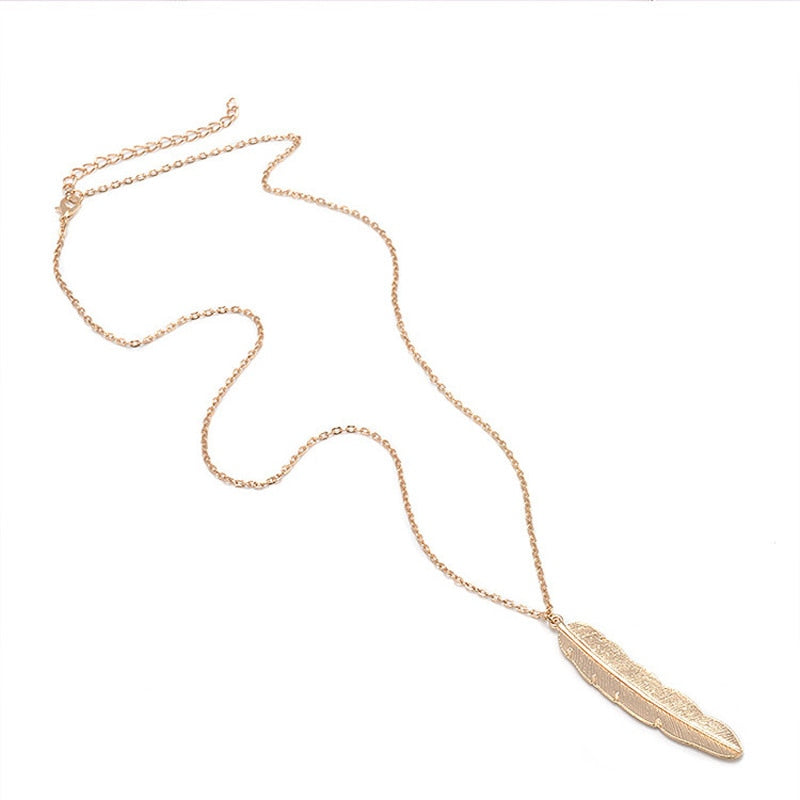 Women Vintage Long Necklace Jewelry Simple Feather Pendant Necklaces-Necklaces-Arimonz-Arimonz